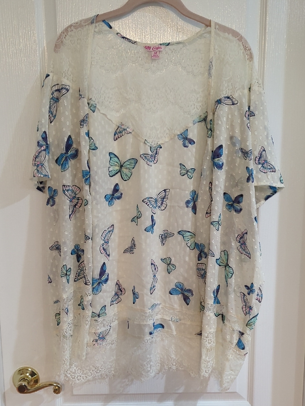 Vintage Style Cream Butterfly Lace-Trim Women's Kimono Open Front Sz m